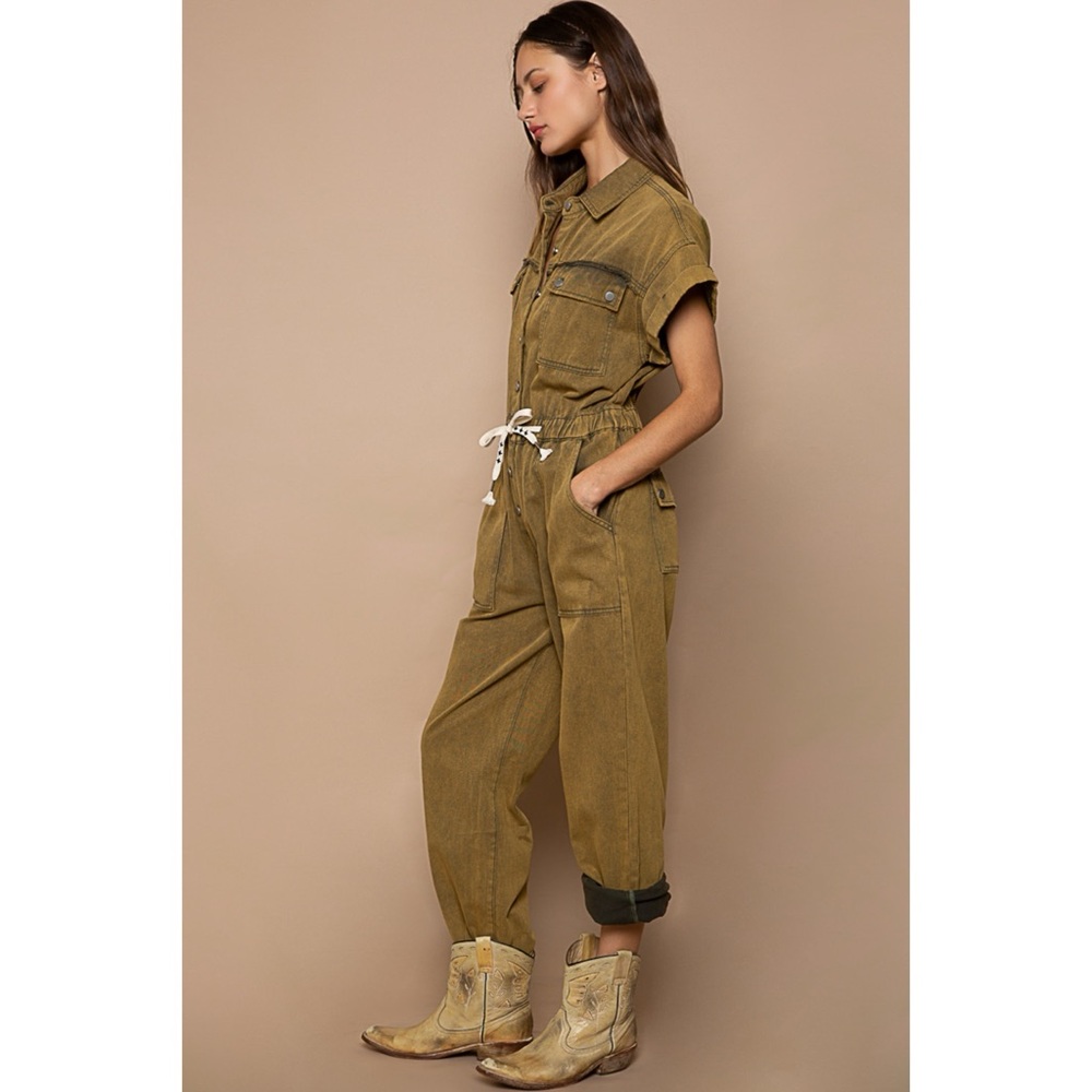 POL Olive Mineral Washed Button Front Adjustable Waist Denim Jumpsuit - Picture 4 of 8